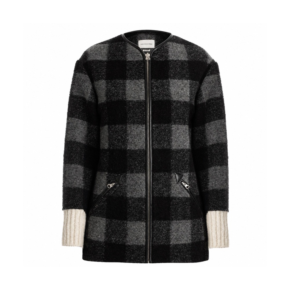 Isabel Marant Ètoile Black and Grey Plaid Oversized Leatherette Trimmed Jacket